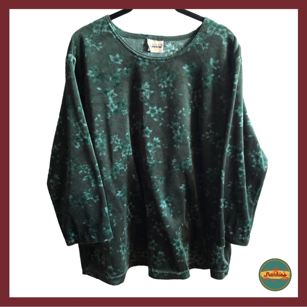 Bentley Plus - Dark Green Velvet Long Sleeves Floral Top